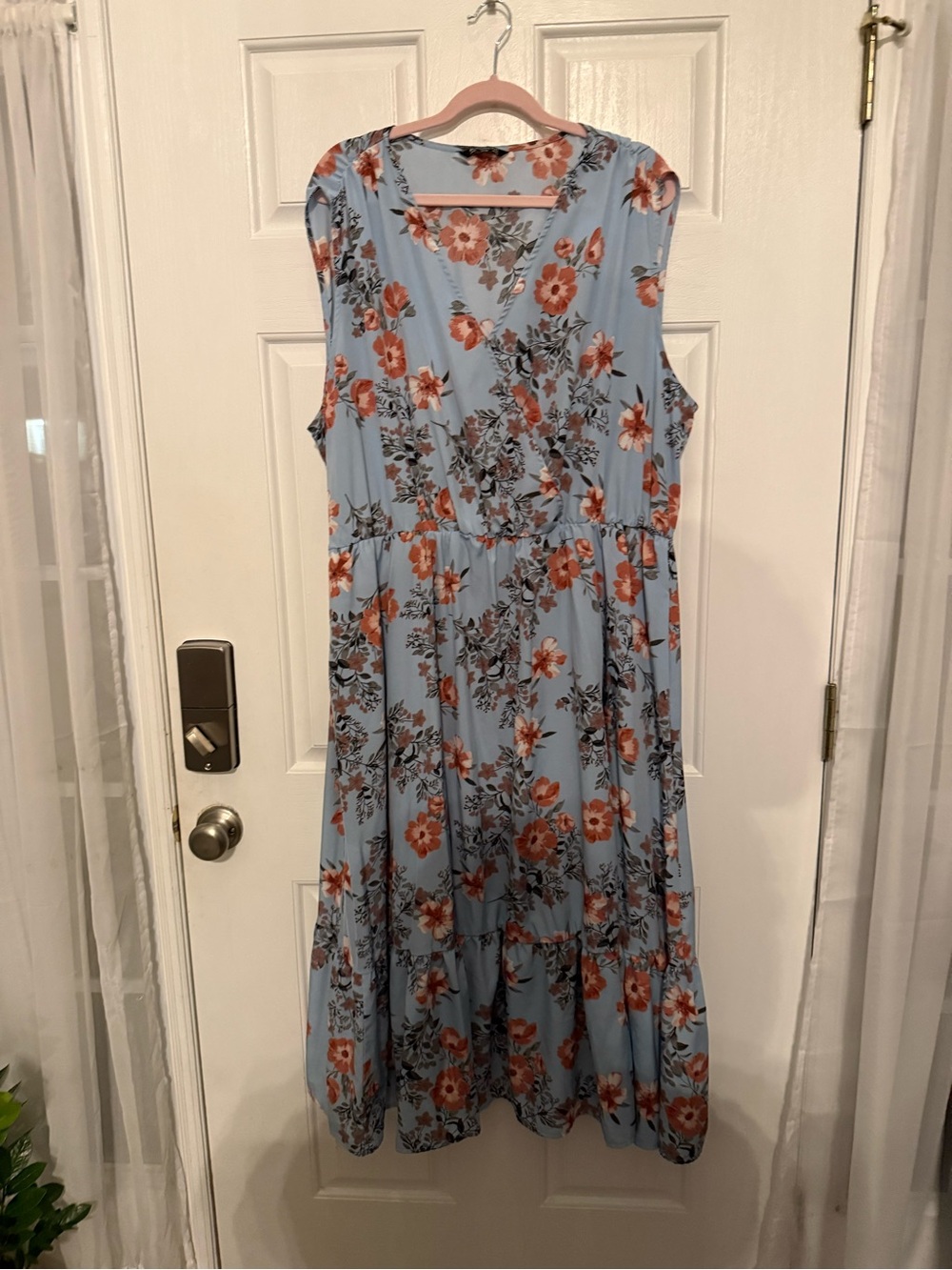 BloomChic Light Blue Floral Midi Dress with Coral Accents